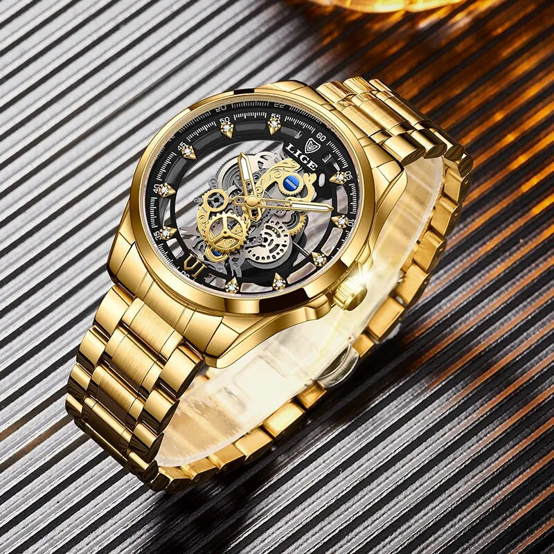 LIGE Novo Homens Watch Esqueleto Quartzo Relógio de Pulso Ouro Esqueleto Retro Homem Watch Top Marca Relógio de Luxo Relógios Masculinos Reloj Hombre