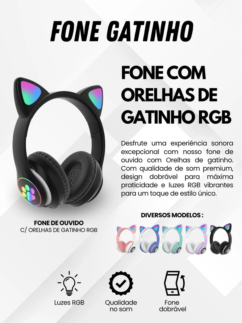 Fone De Ouvido Orelha Gatinho RGB Headphone Confortável Portátil Dobravel Diversas Cores Fone de ouvido RGB